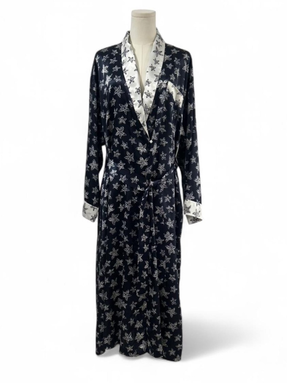 Coldwater Creek Satin Navy Blue Starfish Coastal Long Woman's Robe Size L/XL